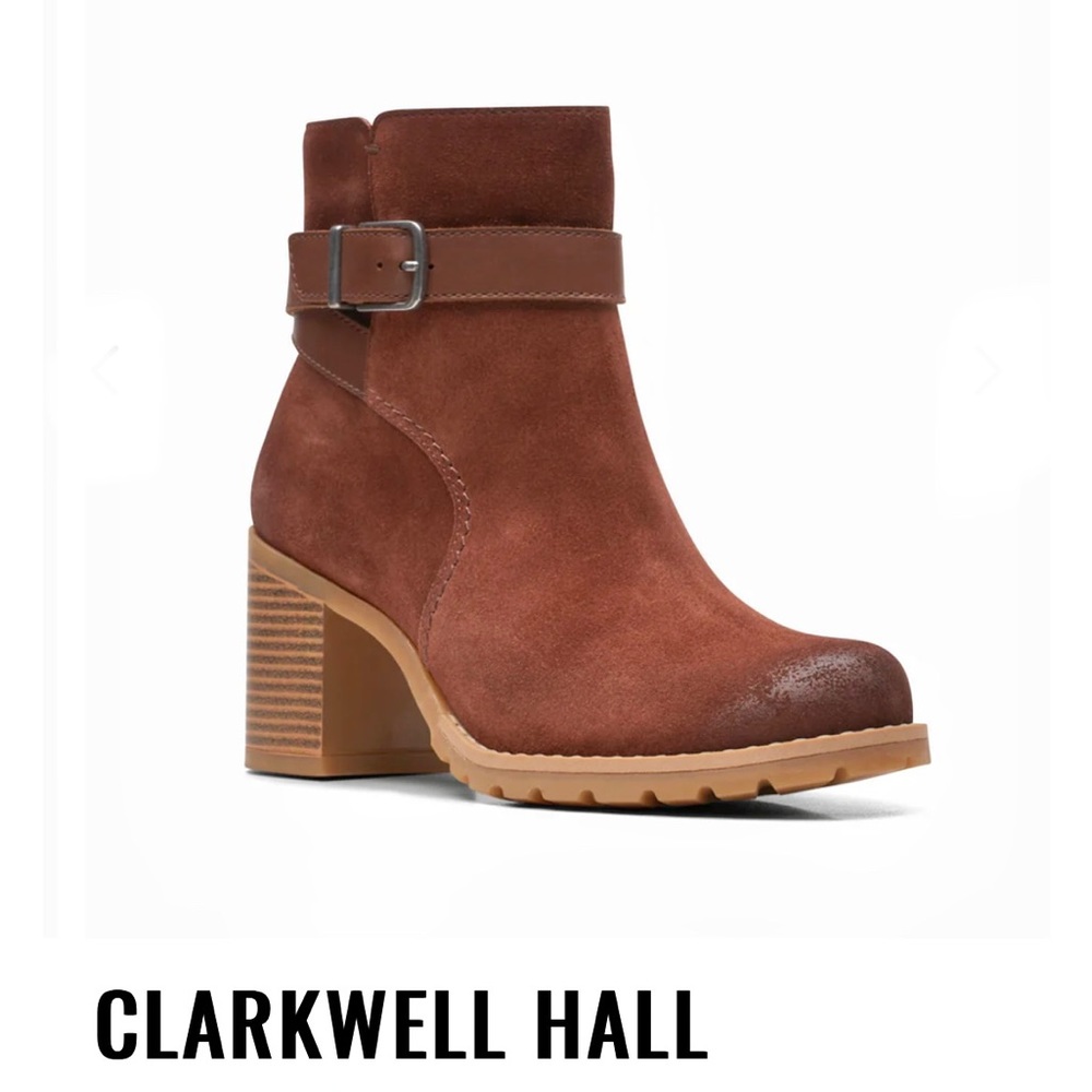 Clarks Clarkwell Hall British Tan Suede Heeled Bootie - Picture 1 of 14